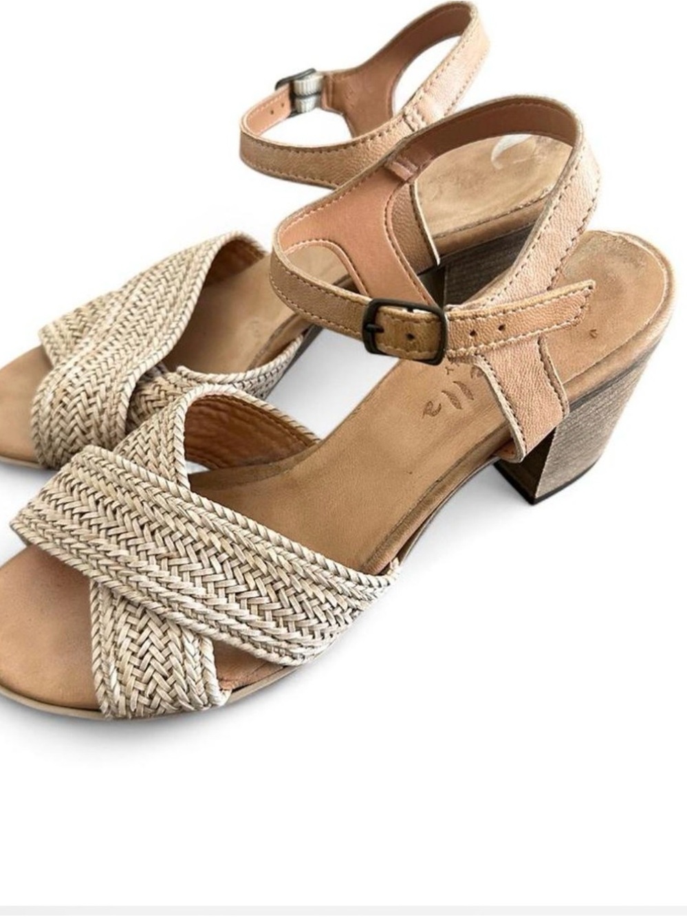 Mariella Tan and cream wicker block heel sandals #summer #heels
